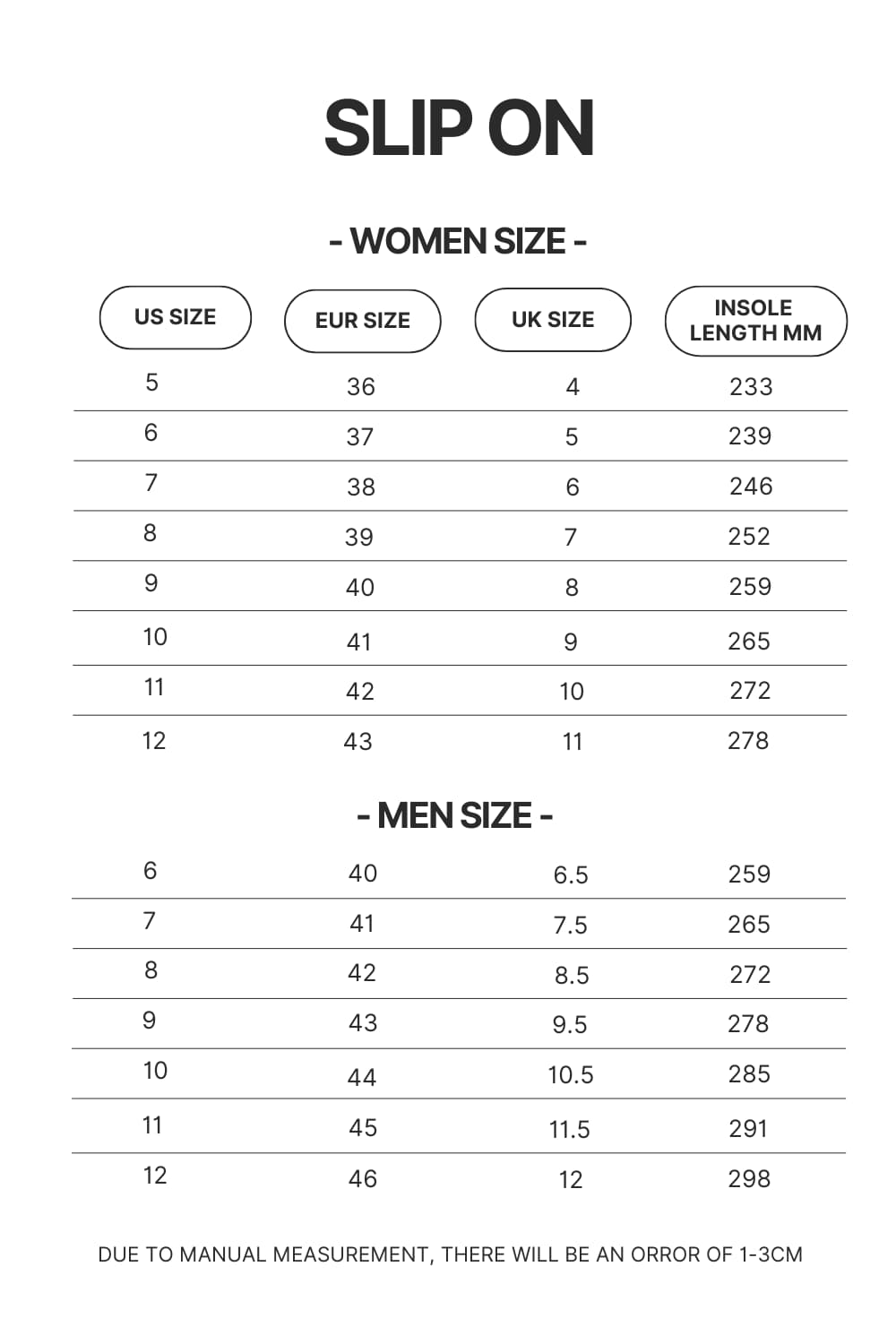 Slip On Size Chart - Jujutsu Kaisen AU Store