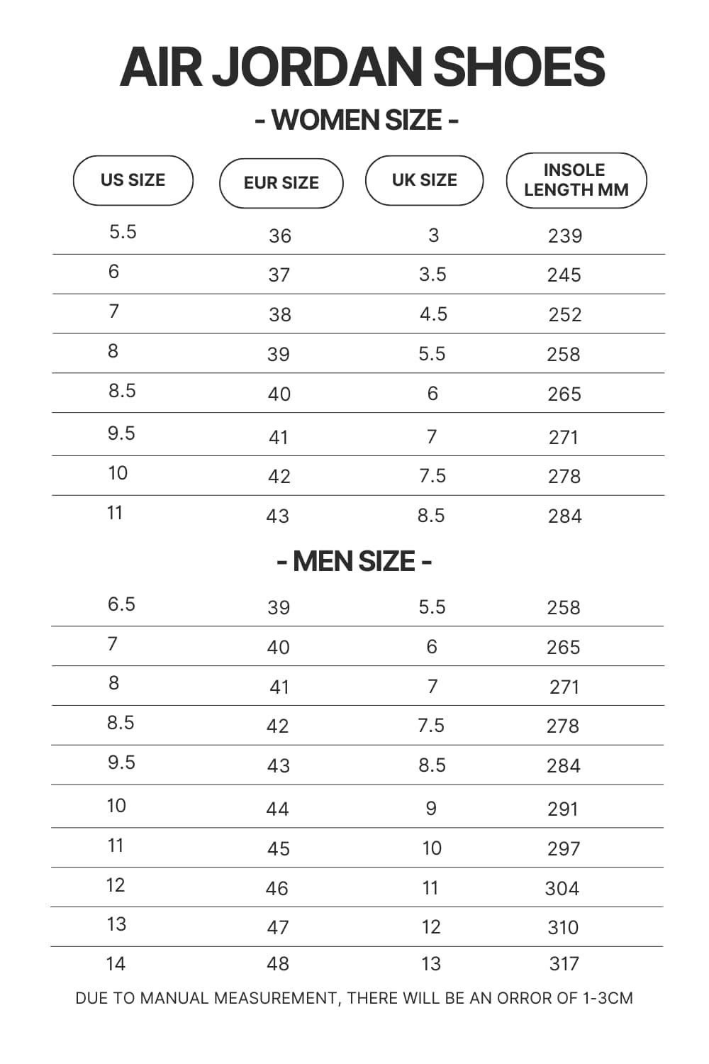 Air Jordan Shoes Size Chart - Jujutsu Kaisen AU Store